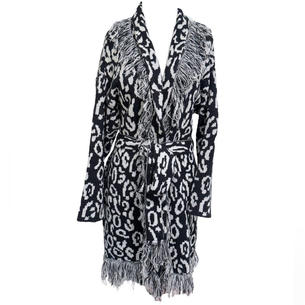 Longline Fringe Belted Cardigan Sweater Coat with Pockets Free Size Medium Large